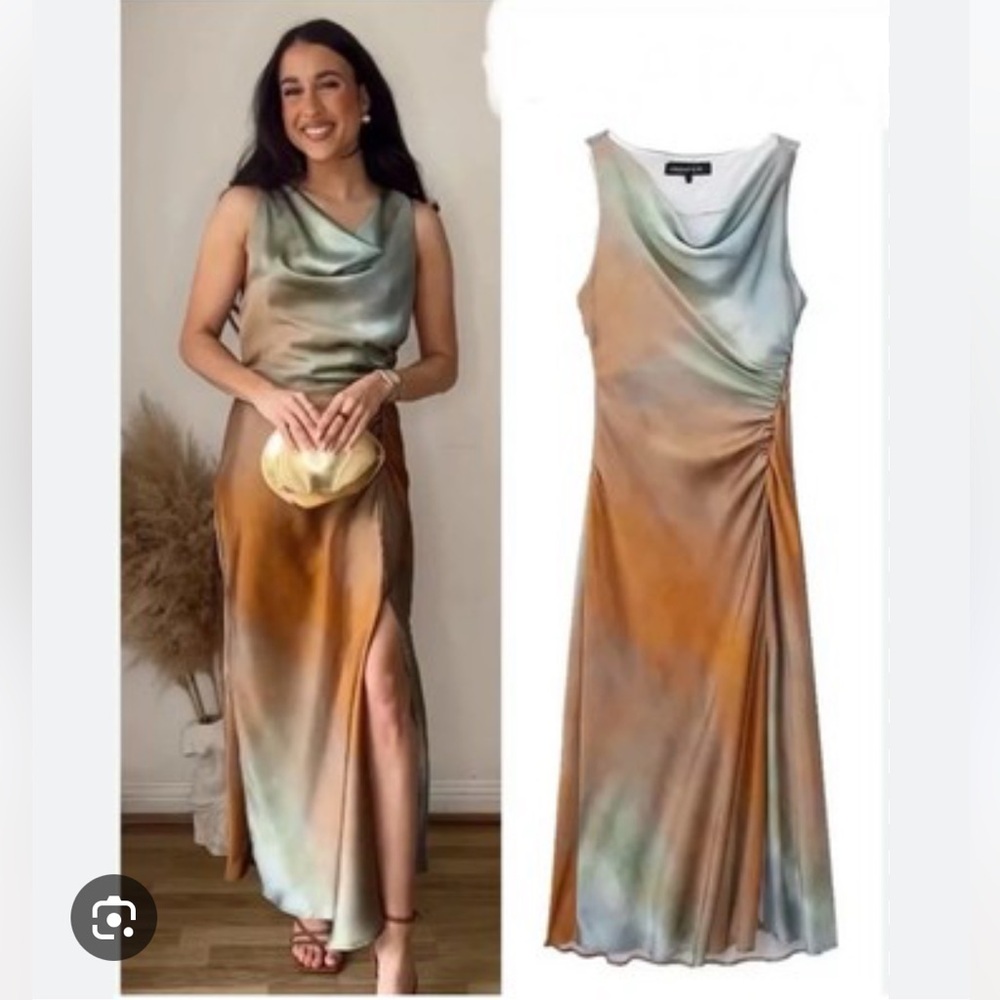 Elegant Zara Cowl Neck Watercolour Satin Dress